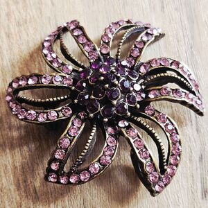 Purple Pink Gold Rhinestone Flower Convertible Necklace Pendant Brooch